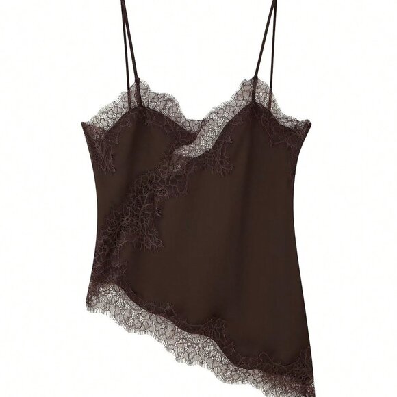 Chocolate Brown Elegant Women's Satin Lace Trim Asymmetric Camisole - Picture 3 of 4